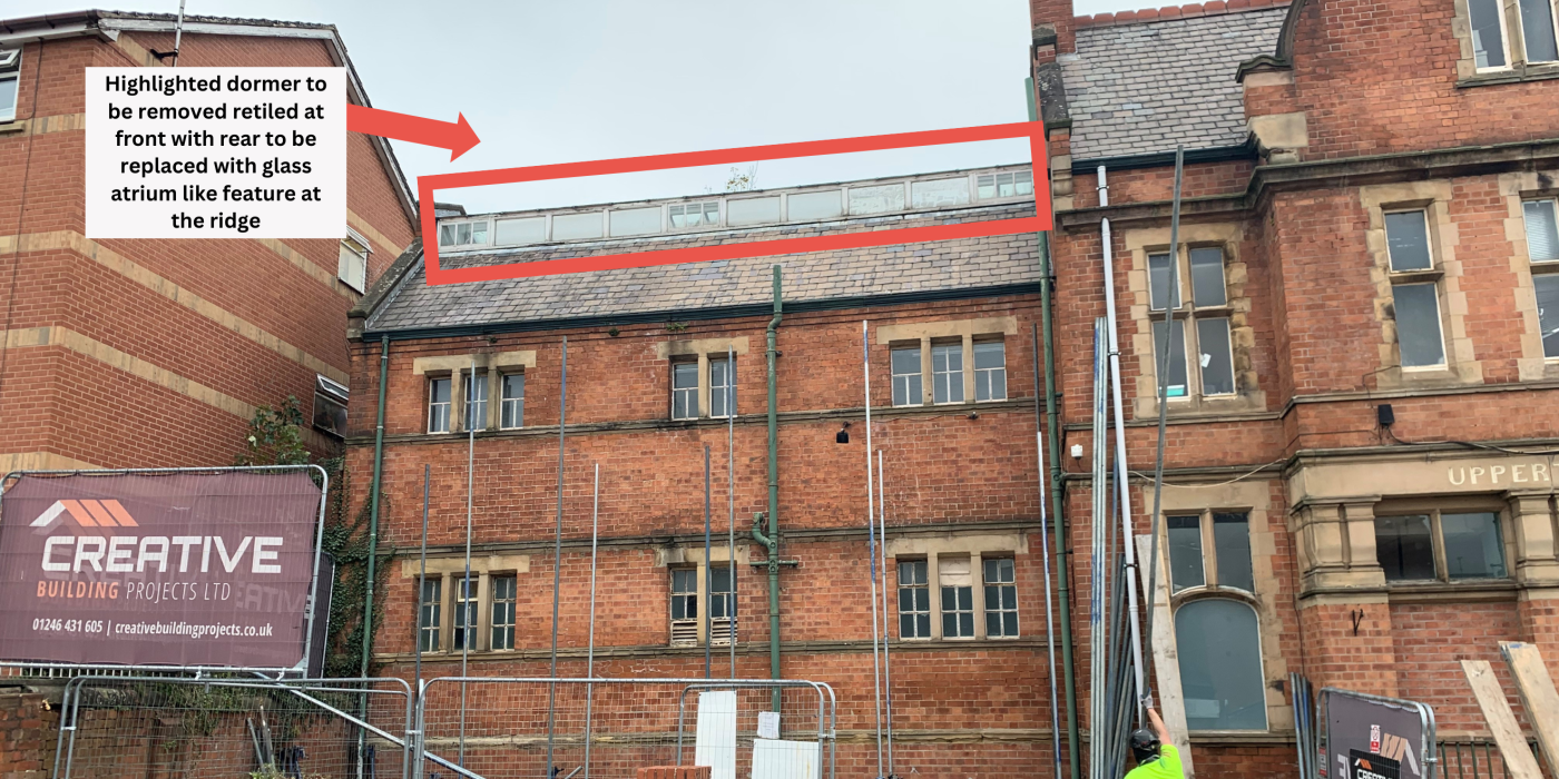 Detail of renovation work on Zest building. Highlighted dormer to be removed, retiled at front with rear to be replaced with glass, atrium-like feature at the ridge