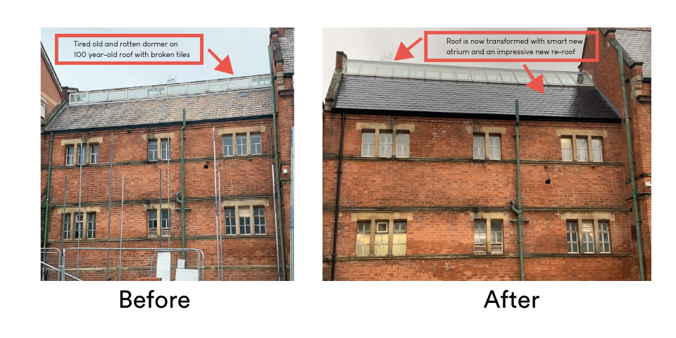 Before: Tired, old and rotten dormer on hundred-year-old roof with broken tiles. After: Roof is now transformed with smart new atrium and an impressive new re-roof.